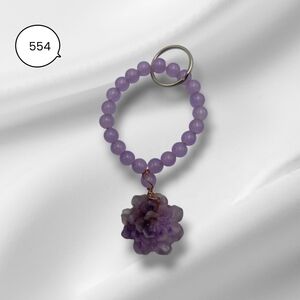 Purple Beaded Keychain with Carved Flower Charm – Handmade Accessory